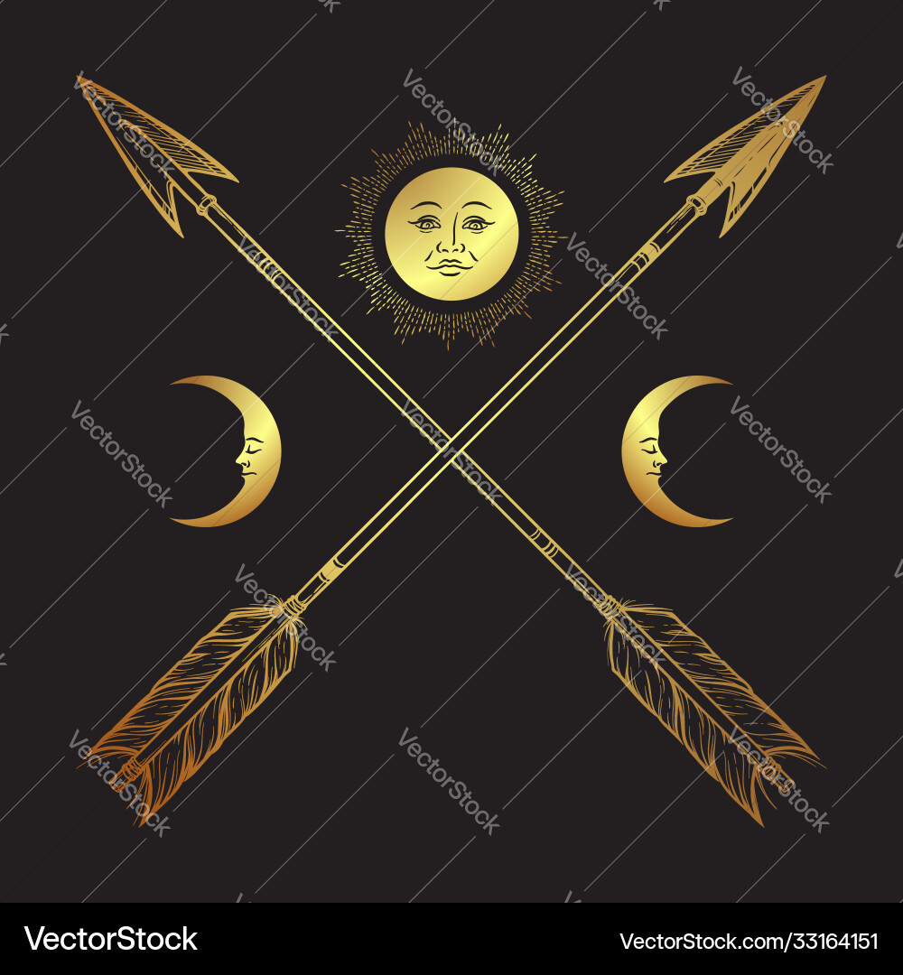 Gold crossed arrows with crescents and full moon Gold crossed arrows with crescents and full moon vector image