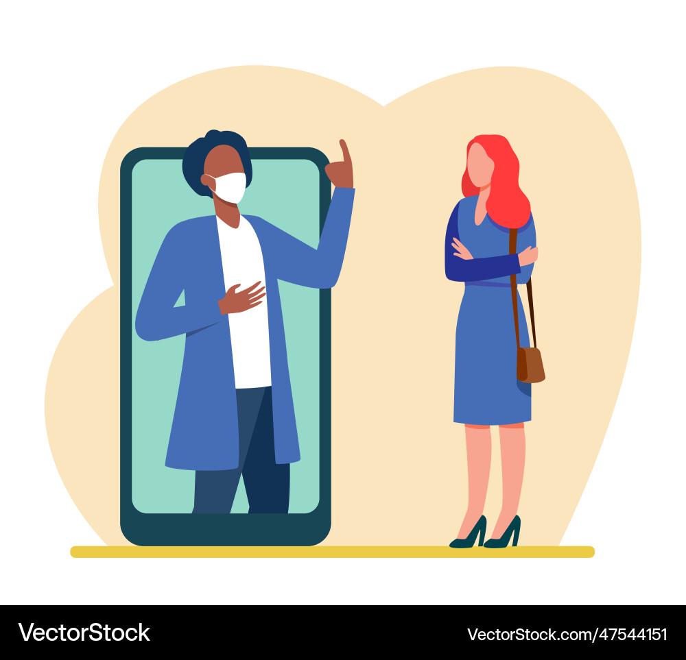 Man in mask on phone screen explaining something Man in mask on phone screen explaining something Vector Image