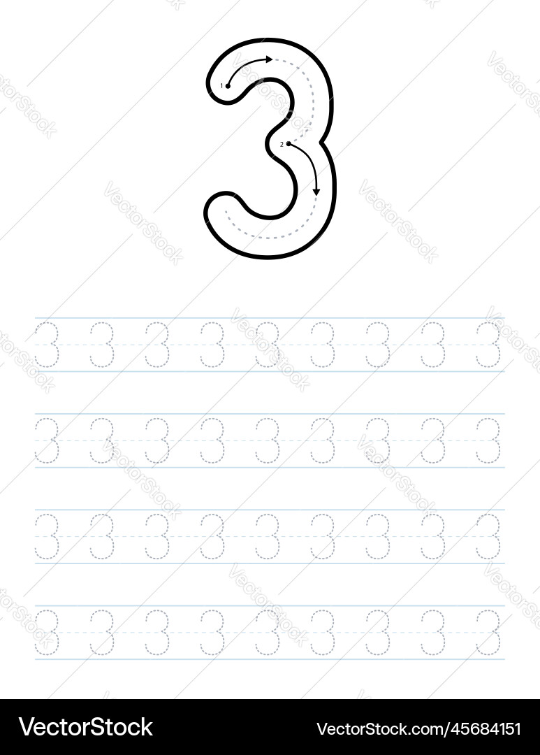 Tracing number 3 for kids with guide Vector Image