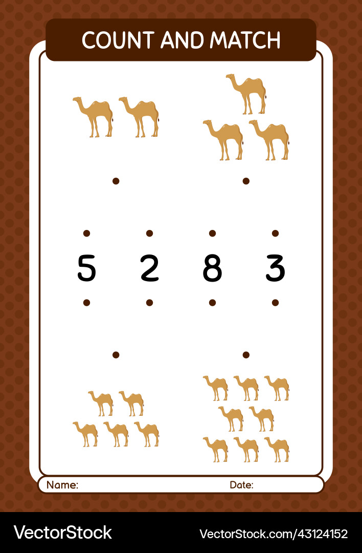 Count and match game with camel worksheet vector image