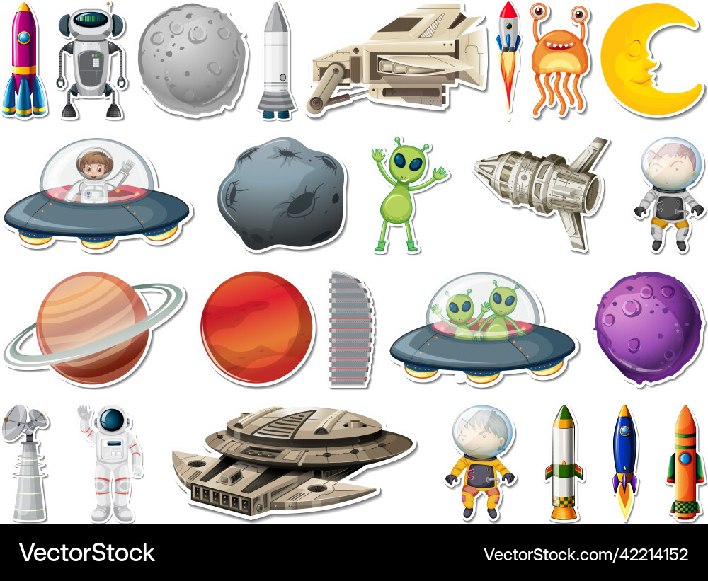 Sticker set of outer space objects and astronauts Sticker set of outer space objects and astronauts vector image