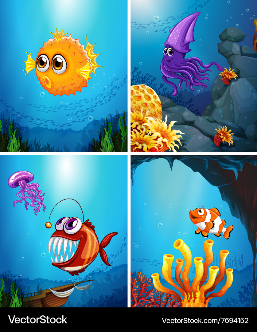 Underwater Scene with Diverse Marine Life Vector Image