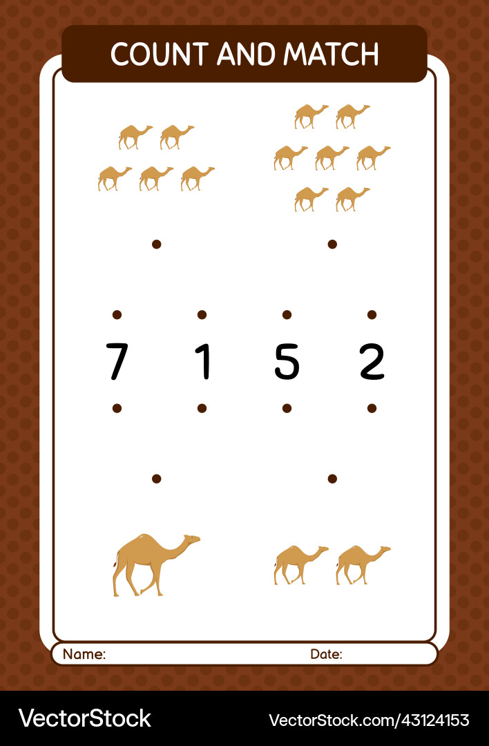 Count and match game with camel worksheet Count and match game with camel worksheet vector image