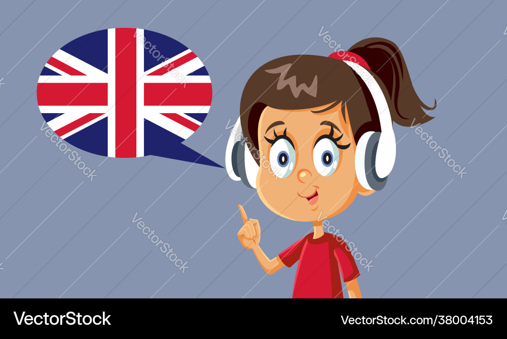 Kleine Mädchen tragen Kopfhörer lernen Englisch Kleine Mädchen tragen Kopfhörer lernen Englisch vektorbild