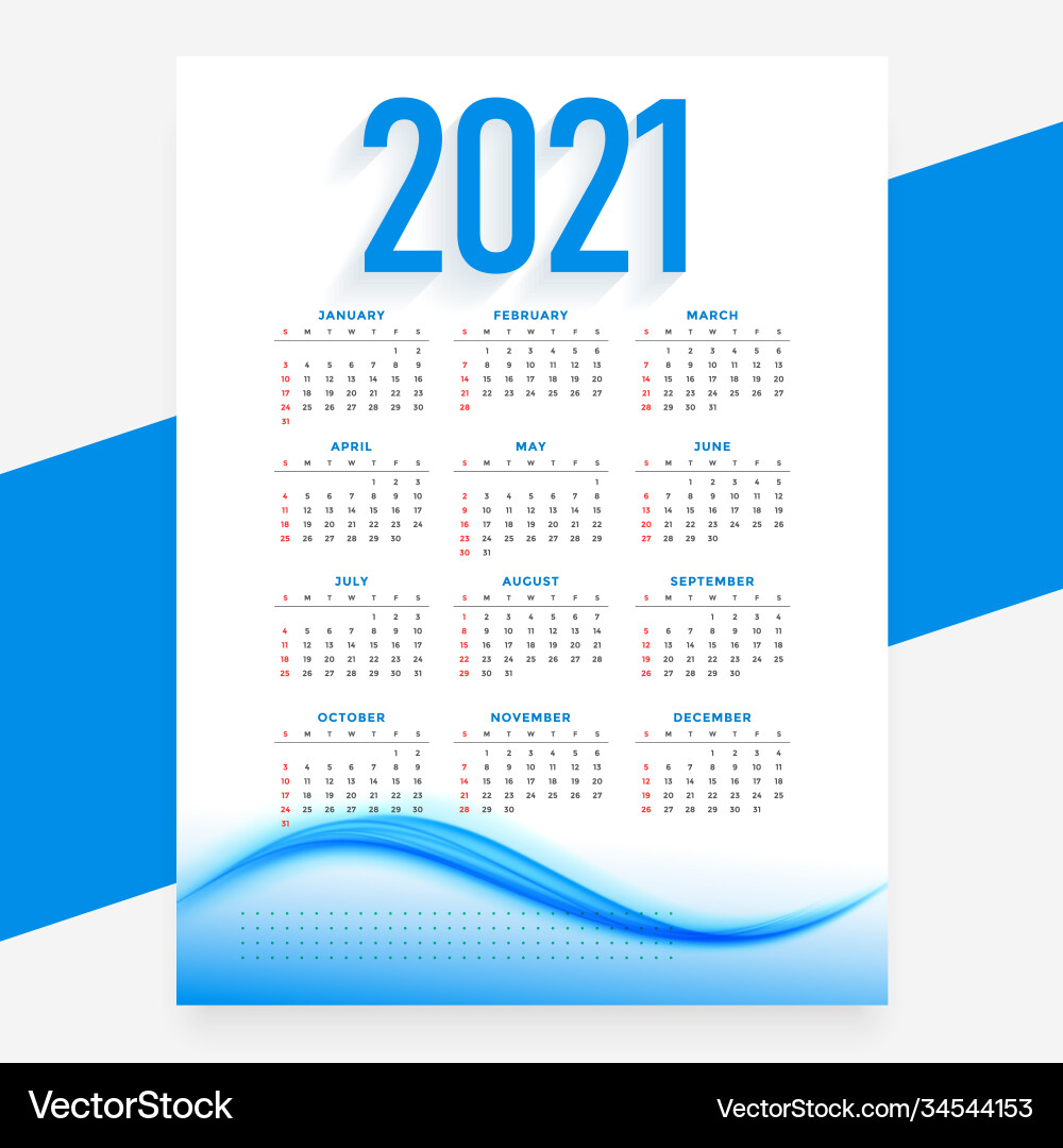 Modern blue 2021 new year calendar design wavy Modern blue 2021 new year calendar design wavy vector image