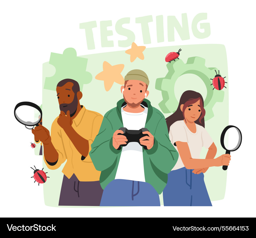 Video game software testing fixing bugs mistakes Video game software testing fixing bugs mistakes vector image