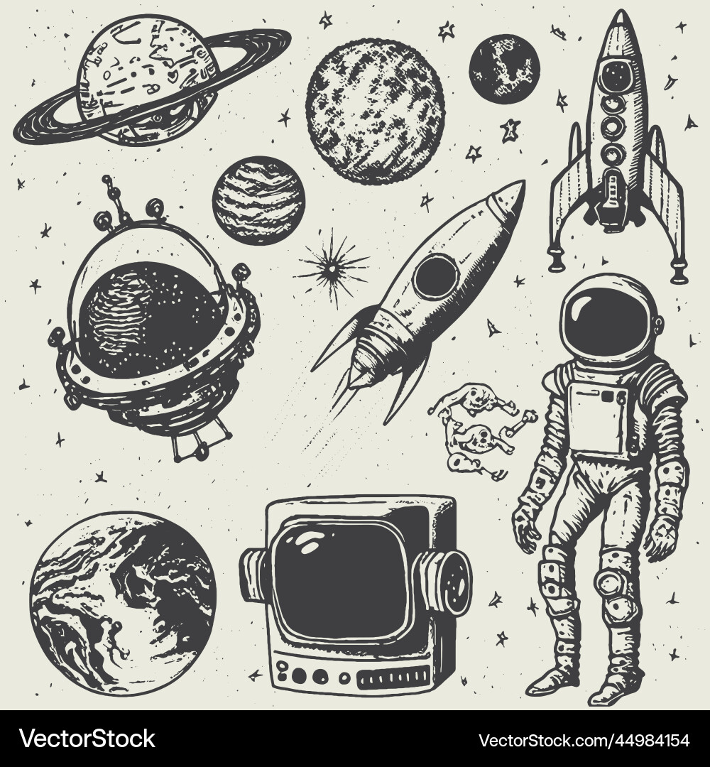 Hand drawn set of space objects and symbols Vector Image