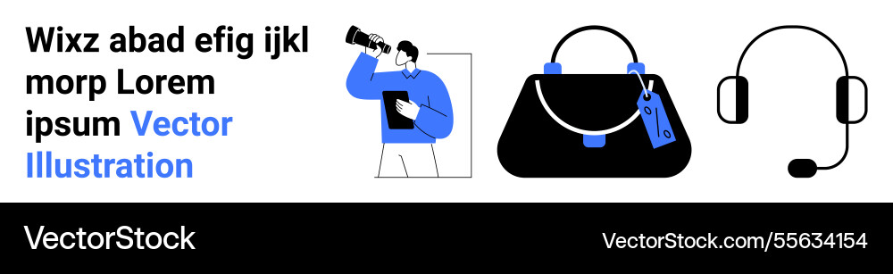 Man analyzing through telescope handbag with tag Man analyzing through telescope handbag with tag vector image