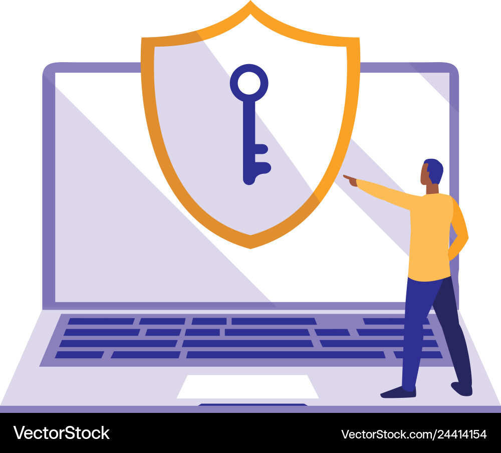 Man using laptop computer with shield vector image