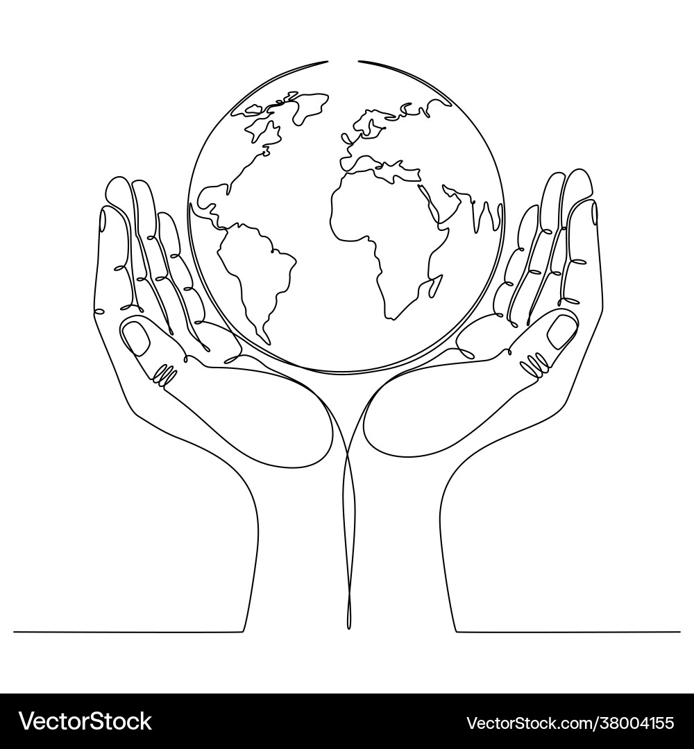 Continuous line drawing a hand with globe Continuous line drawing a hand with globe vector image