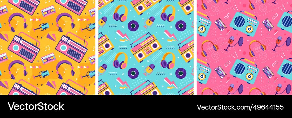 Set of radio seamless pattern design with player Set of radio seamless pattern design with player Vector Image