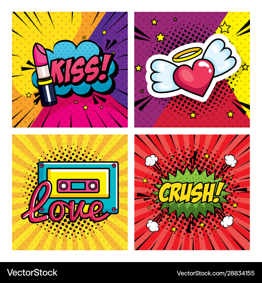 Set scenes pop art style with icons Set scenes pop art style with icons vector image