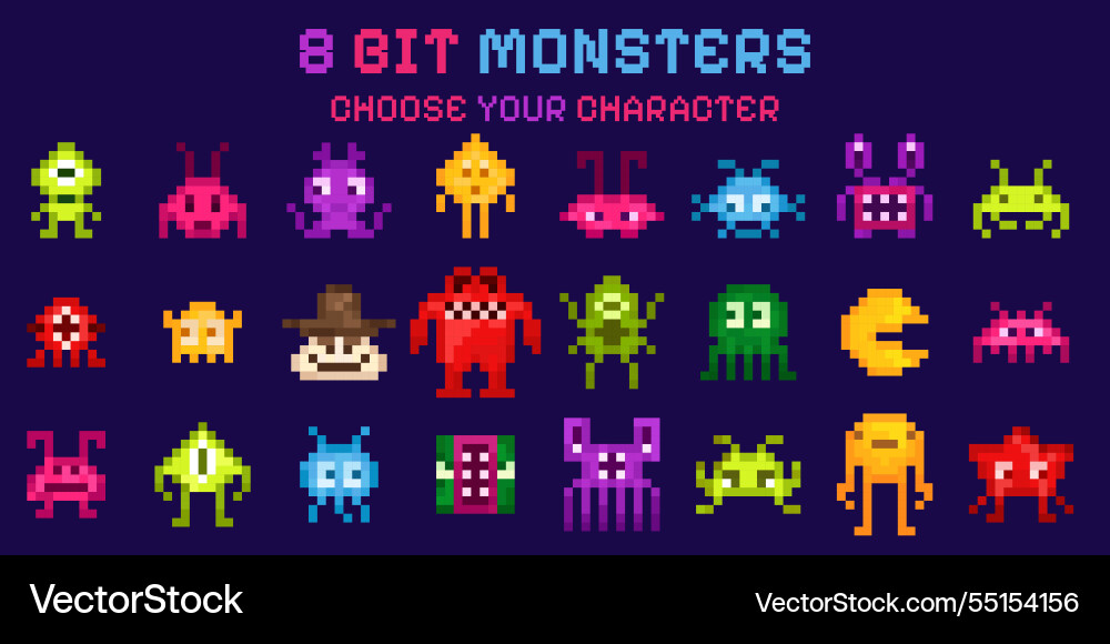8 bit game icons pixel monster for computer video Vector Image