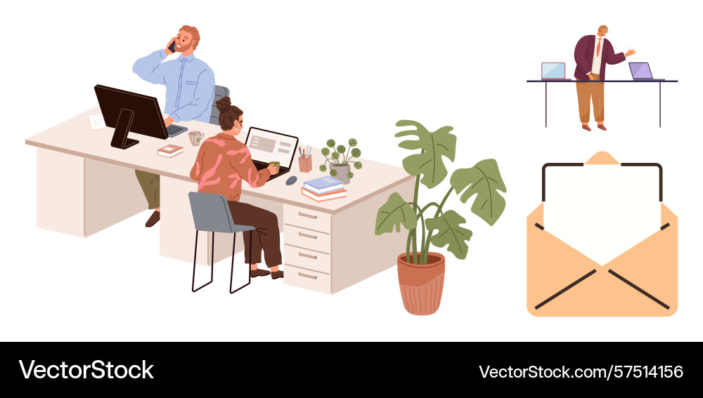 Office team collaboration with computers Office team collaboration with computers Vector Image