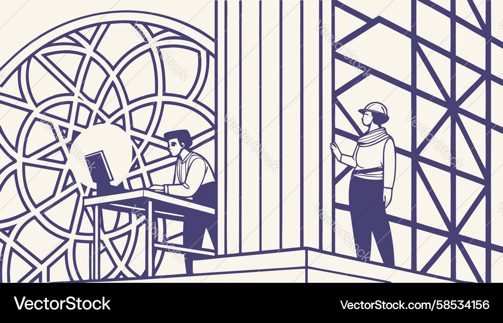 Person working on large screen display control Vector Image
