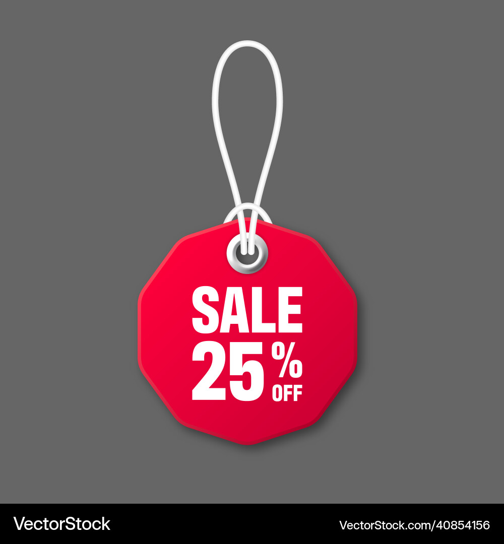 Realistic red price tag with white string on gray Realistic red price tag with white string on gray vector image