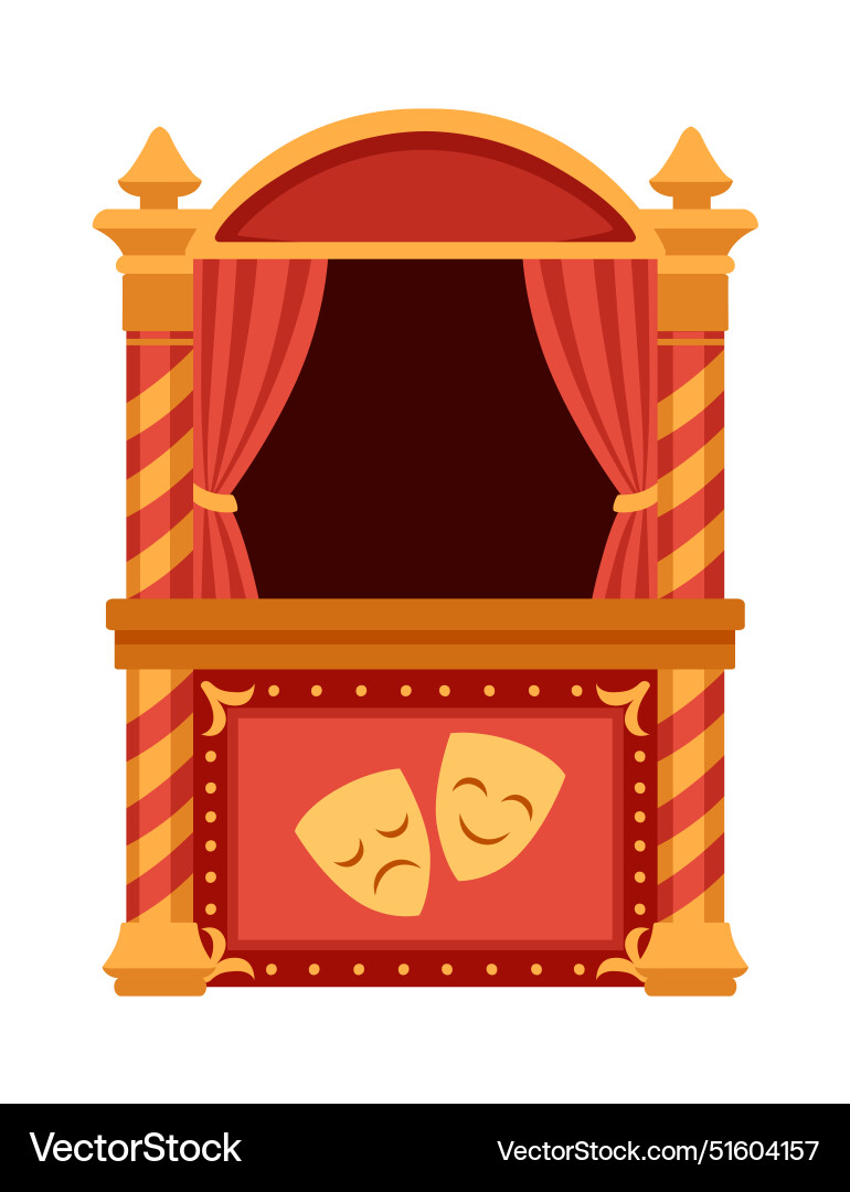 Bright red puppet theater with curtains and open Bright red puppet theater with curtains and open Vector Image