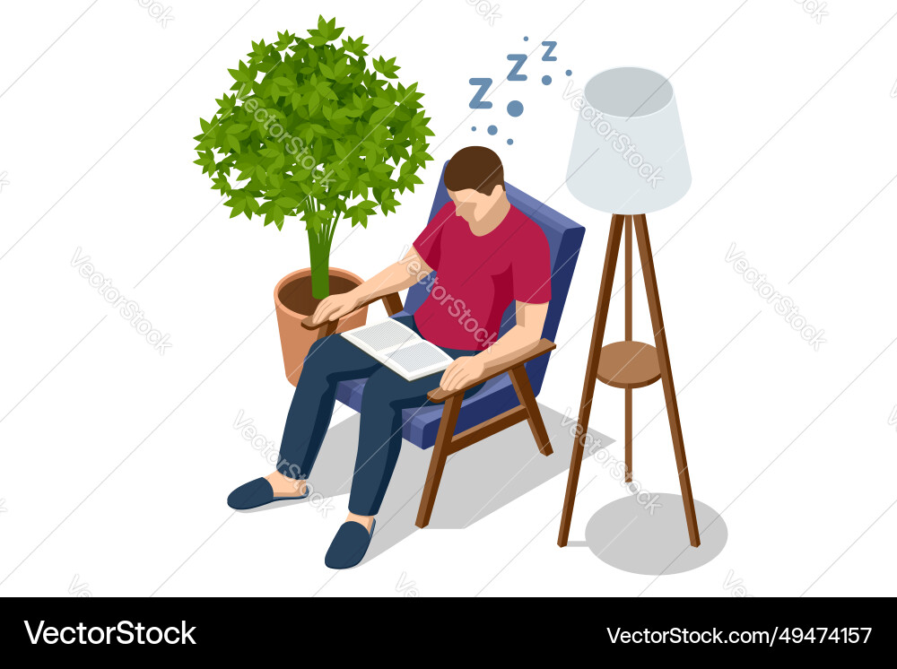 Isometric young man fell asleep reading a book Isometric young man fell asleep reading a book vector image