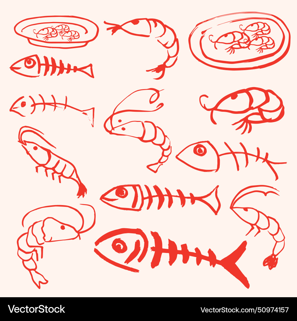 Shrimp and fish bone outline style Royalty Free Vector Image