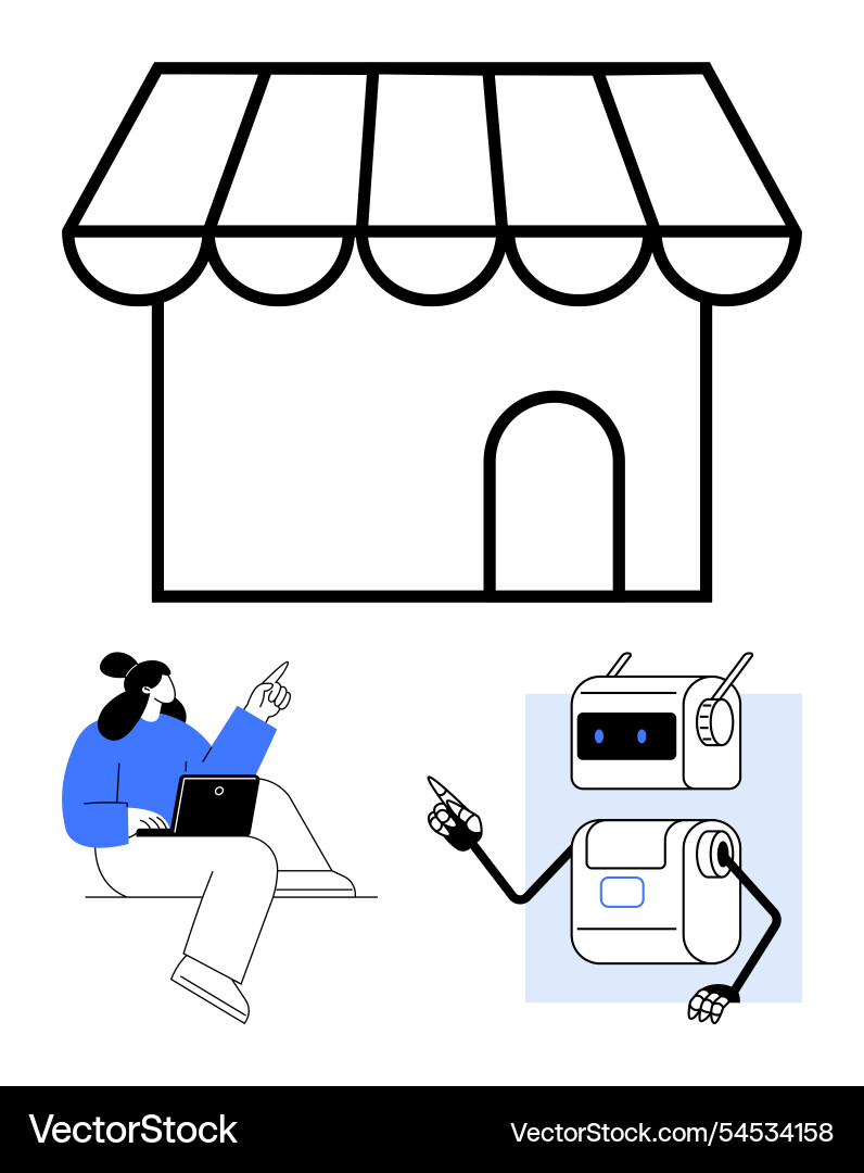 Person using laptop and robot interacting in front Person using laptop and robot interacting in front vector image
