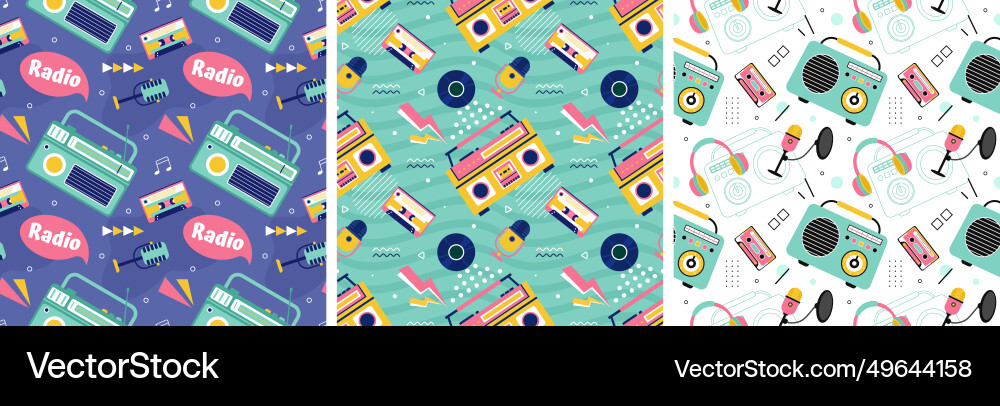 Set of radio seamless pattern design with player Set of radio seamless pattern design with player vector image