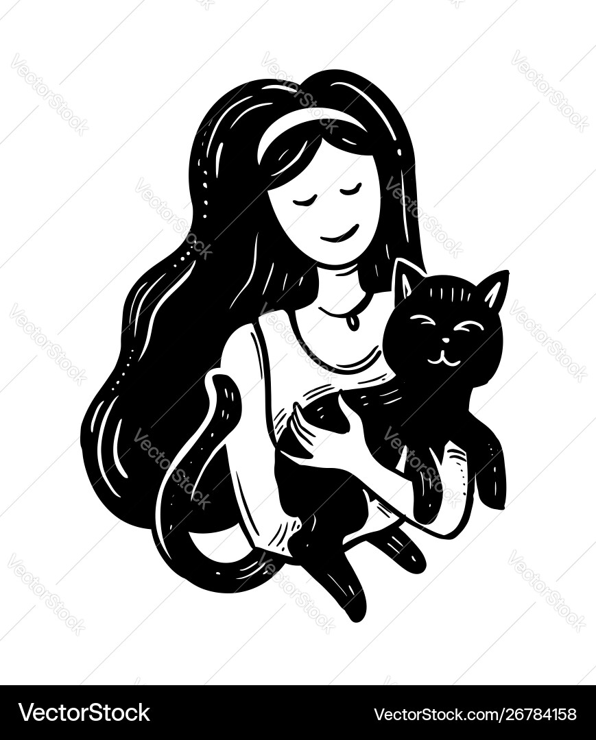 Sketch girl hugs a black cat vector image