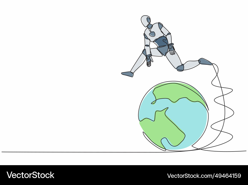 Single continuous line drawing robot jumping over Single continuous line drawing robot jumping over vector image
