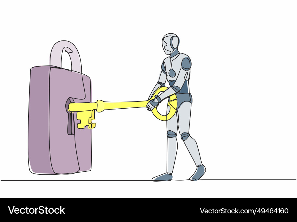 Continuous one line drawing robot putting big key Continuous one line drawing robot putting big key vector image