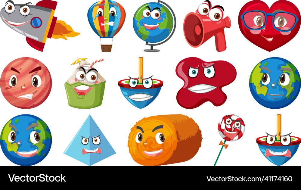 Set of different toy objects with smiley faces vector image