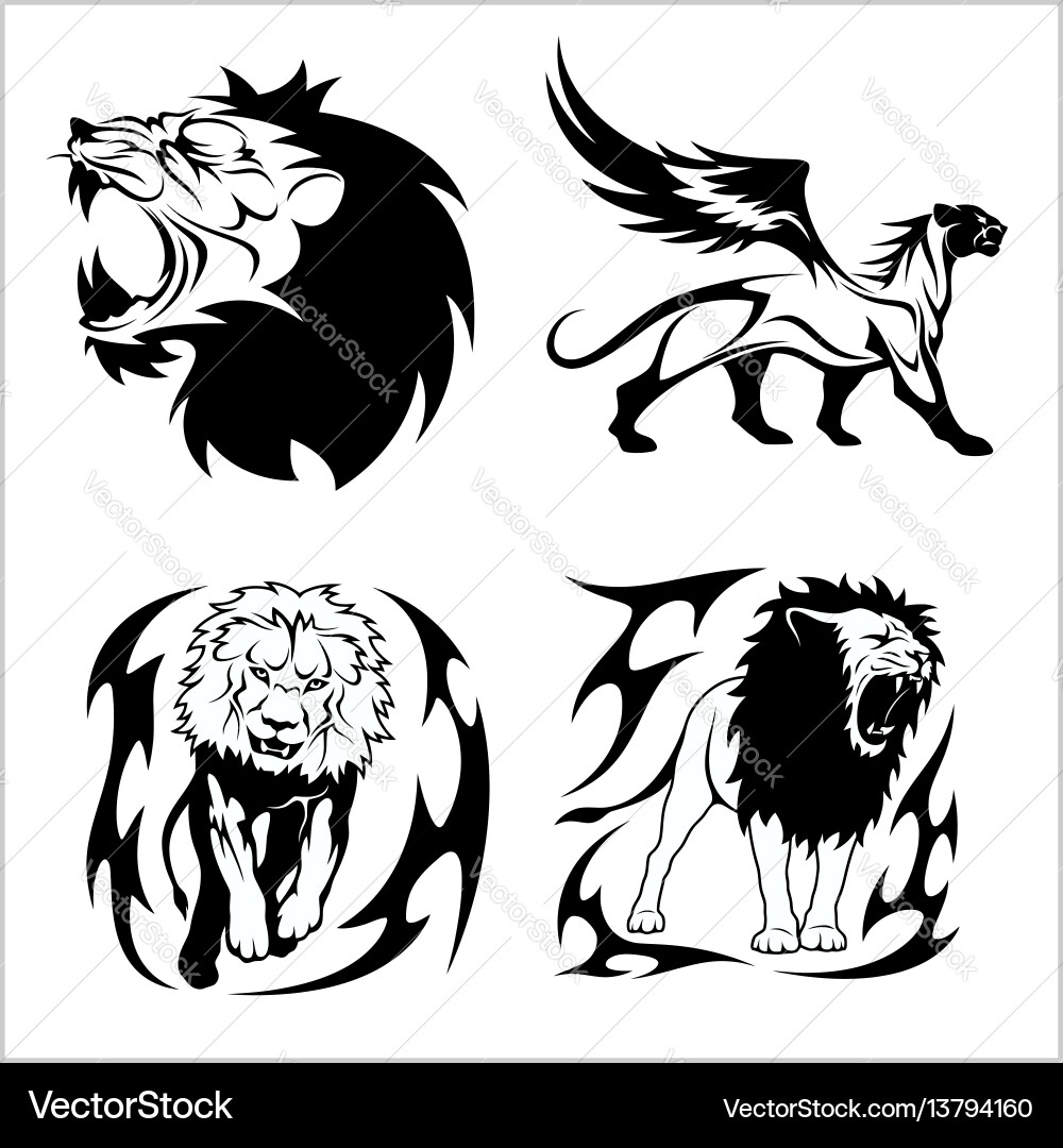 Tribal Lions - Black and White Vector Image