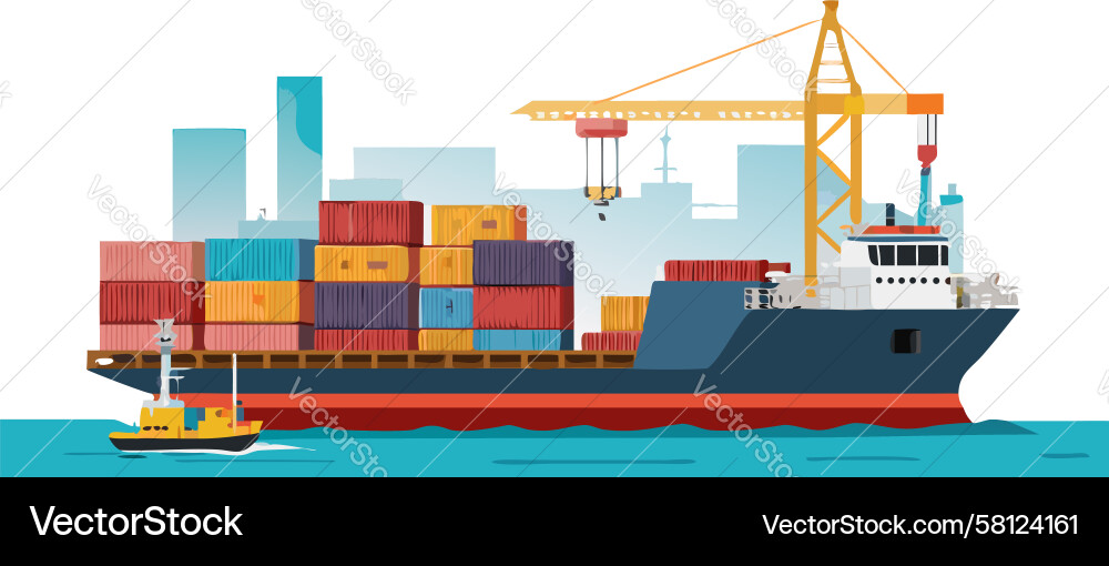 Container Ship with Crane Loading Vector Image