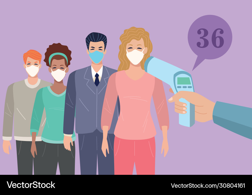 People using face masks in temperature check point People using face masks in temperature check point Vector Image