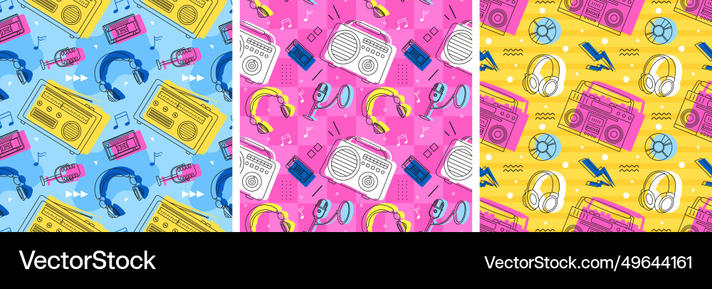Set of radio seamless pattern design with player Vector Image