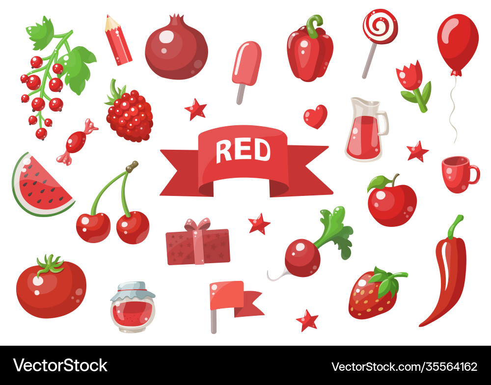 Big set red objects isolated on white fruits Big set red objects isolated on white fruits vector image