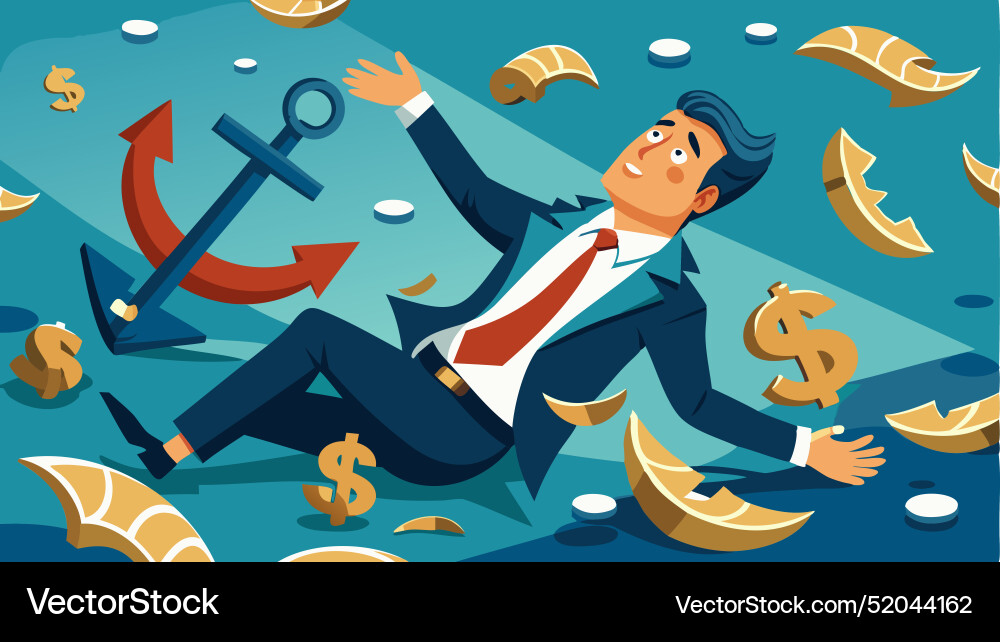 Businessman drowning in financial fallacy Vector Image