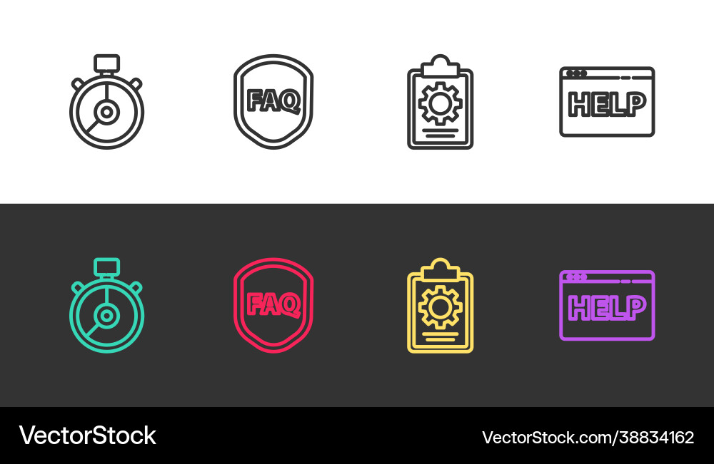 Set line stopwatch shield with text faq vector image