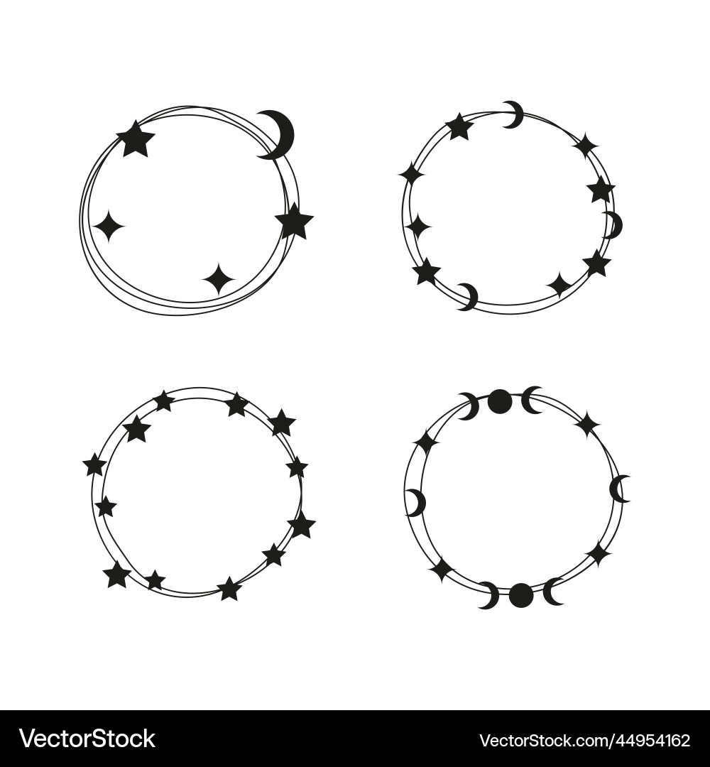 Set of sketched round frames with stars and moon vector image