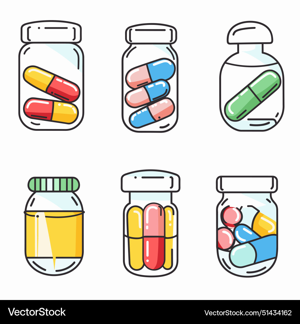Six colorful cartoonstyle jars filled capsules Vector Image