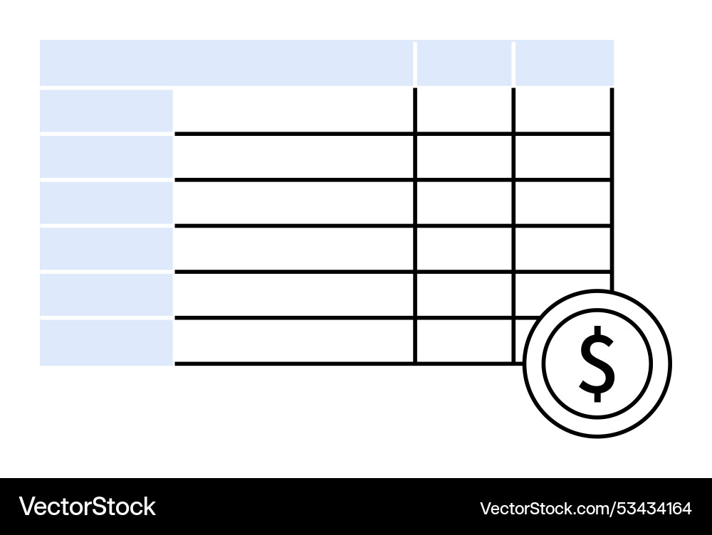 Spreadsheet with blue header rows and dollar Spreadsheet with blue header rows and dollar Vector Image