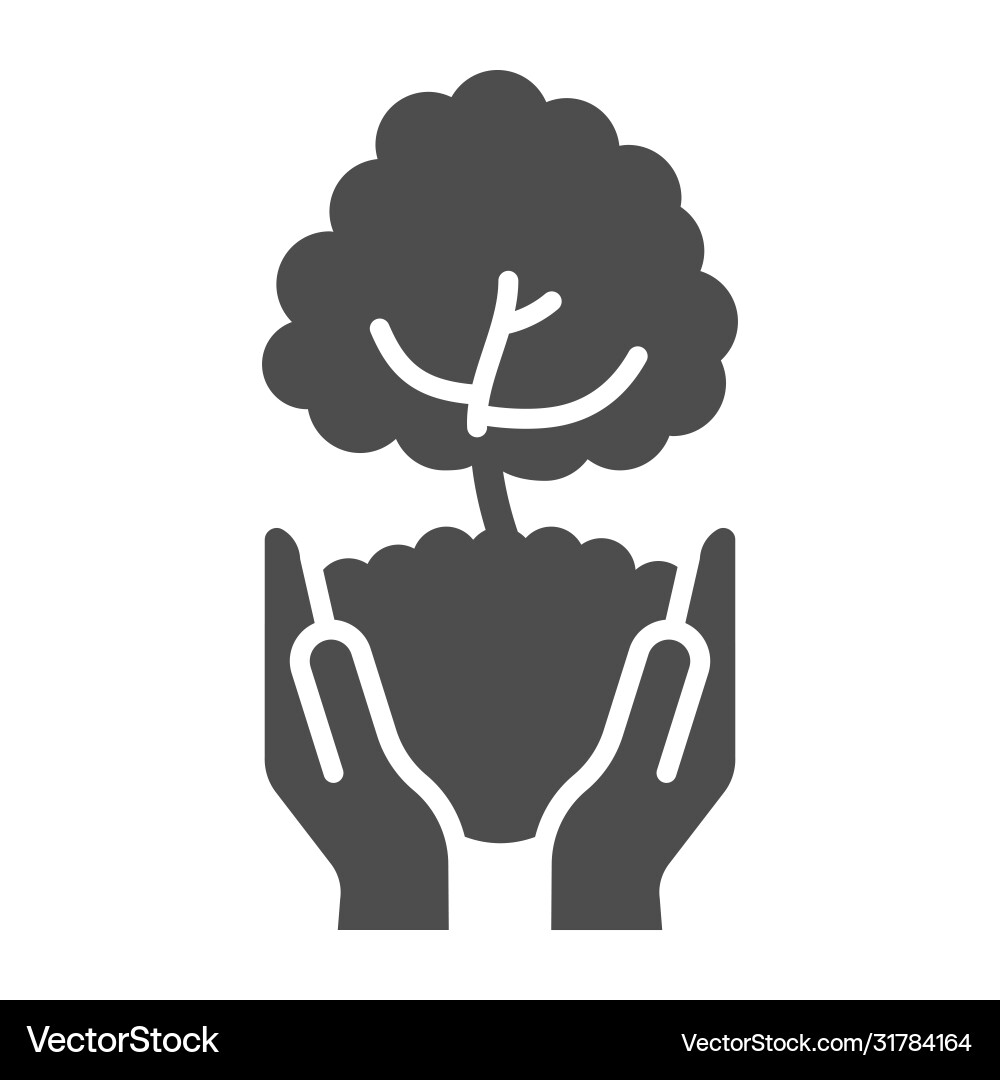 Tree in open hands with handful soil solid icon Vector Image