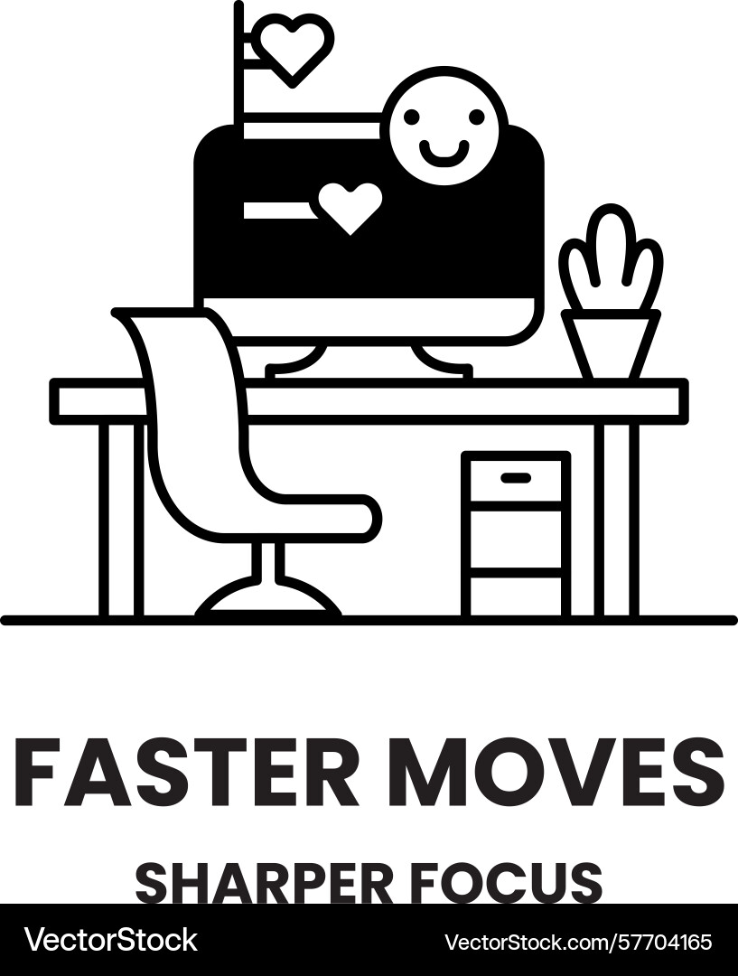 A black and white image of desk with computer A black and white image of desk with computer Vector Image