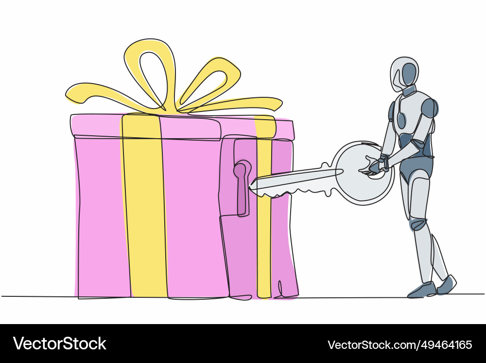 Continuous one line drawing robot putting key Continuous one line drawing robot putting key Vector Image