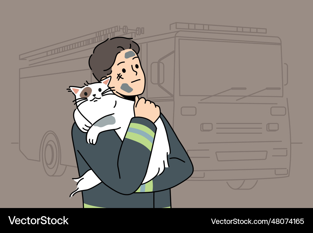 Man firefighter with cat heroically rescued from Man firefighter with cat heroically rescued from Vector Image