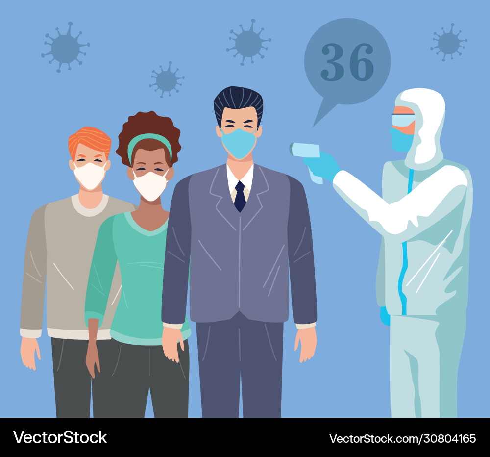 People using face masks in temperature check point People using face masks in temperature check point Vector Image