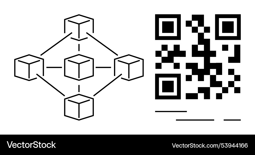 Blockchain network and qr code diagram Blockchain network and qr code diagram vector image