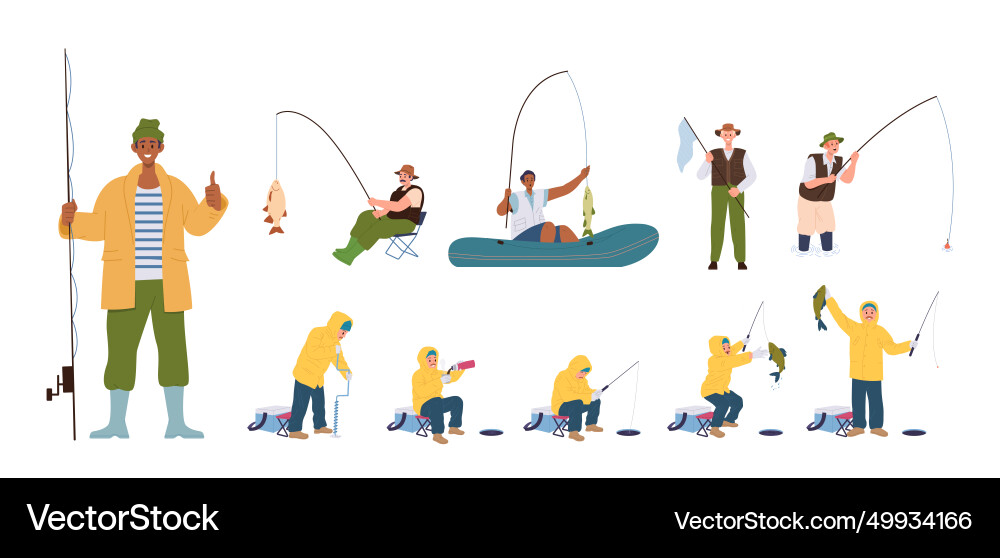 Fisherman cartoon characters set enjoying seasonal Fisherman cartoon characters set enjoying seasonal vector image