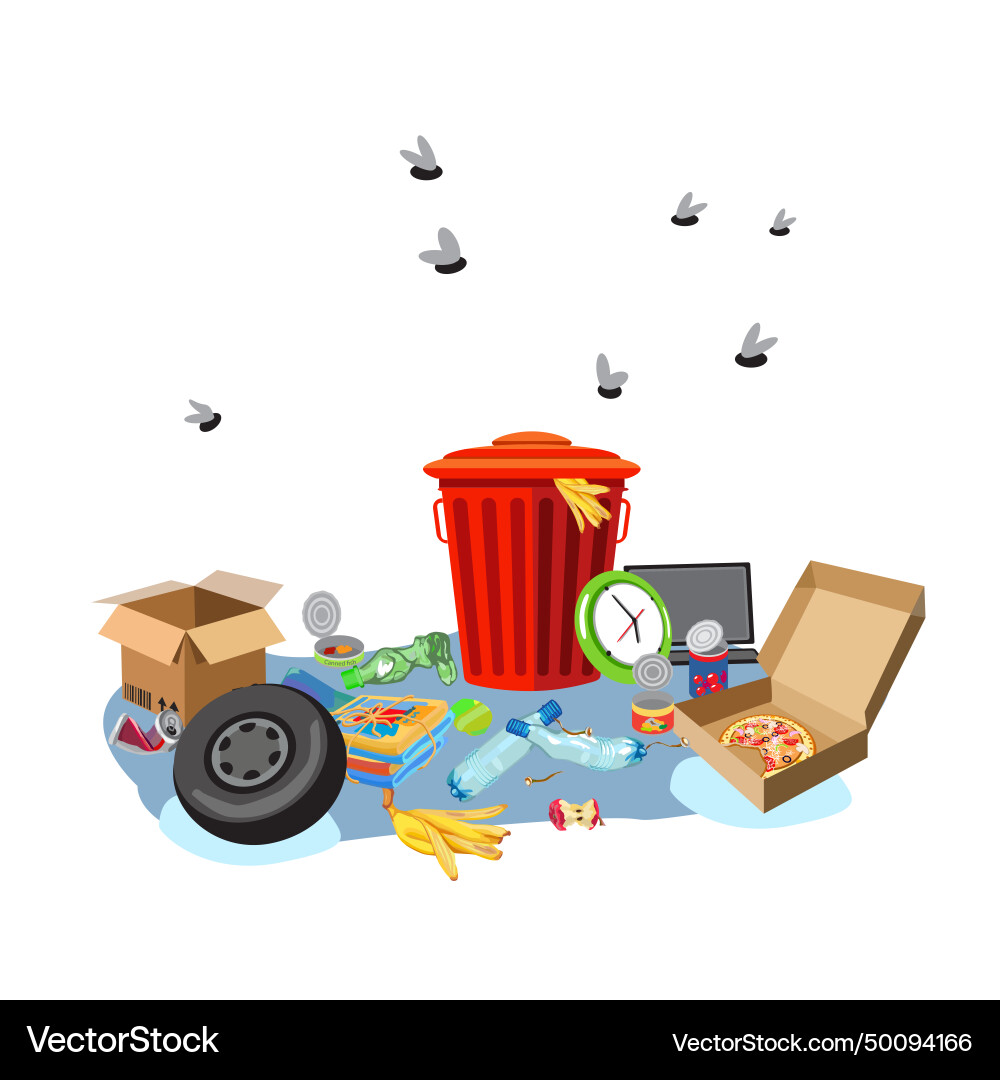 Red trash can with unsorted waste empty boxes Red trash can with unsorted waste empty boxes Vector Image