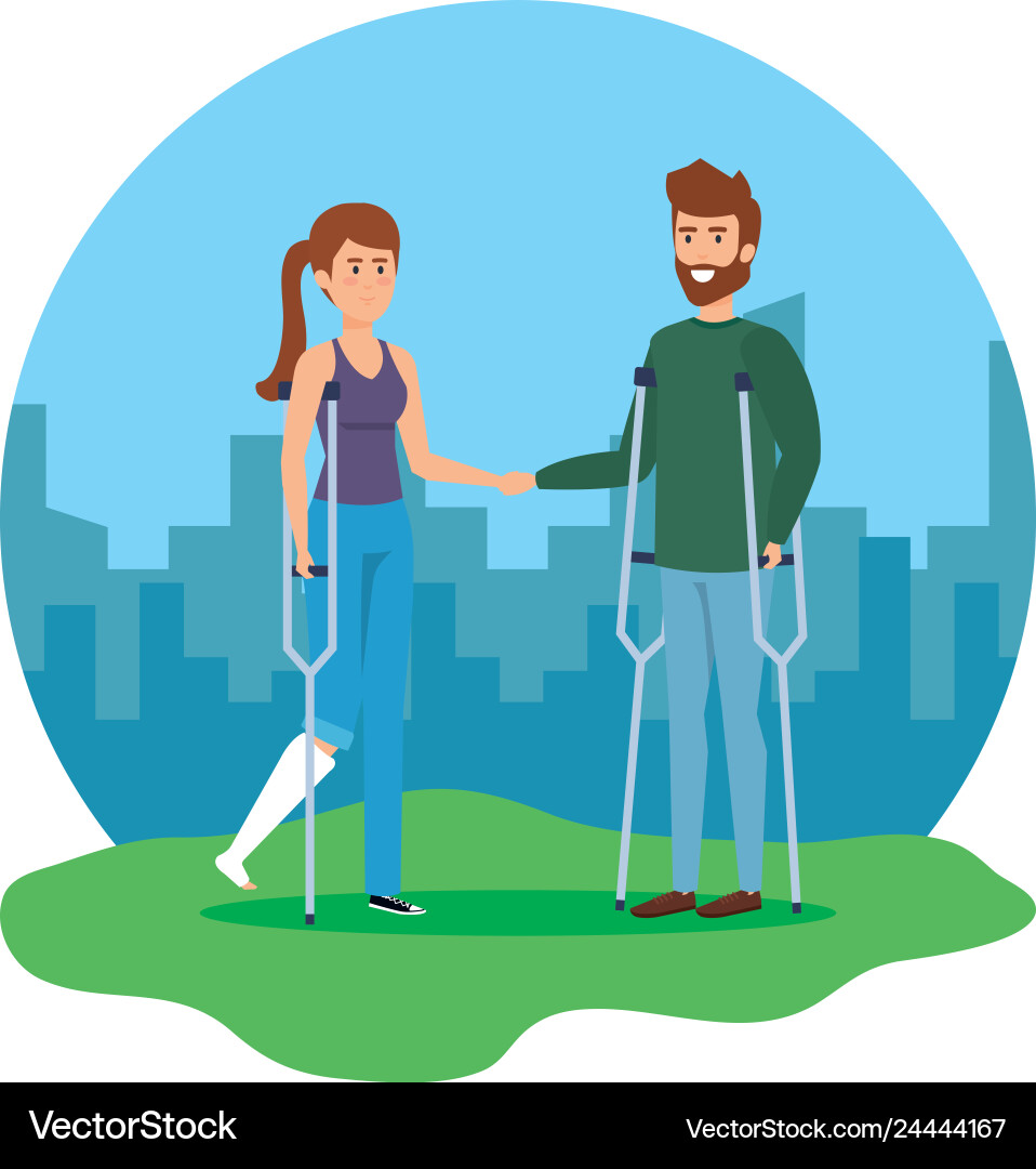 Couple with crutches characters Couple with crutches characters vector image