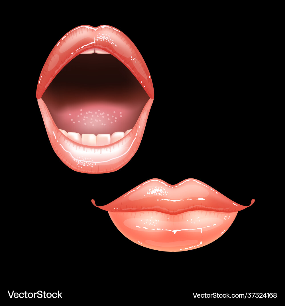 2 glänzende schöne weibliche nackte Lippen mit Zähnen Vektorbild