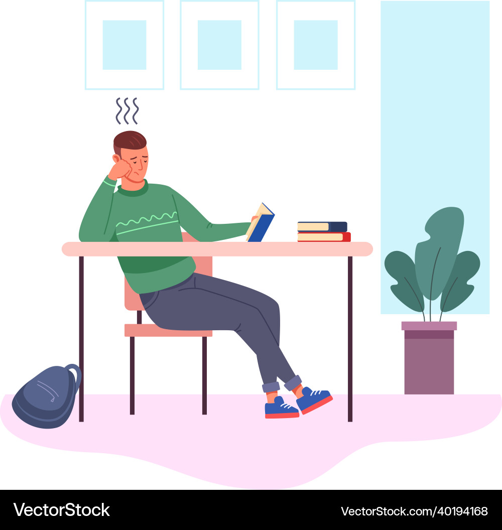 Bored studying lazy student with textbook at long Bored studying lazy student with textbook at long vector image